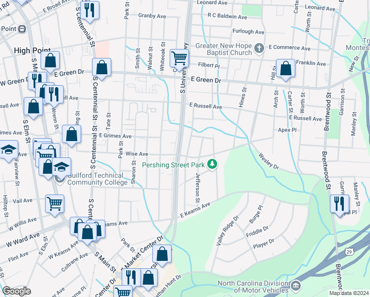 map of restaurants, bars, coffee shops, grocery stores, and more near 912 Richland Street in High Point