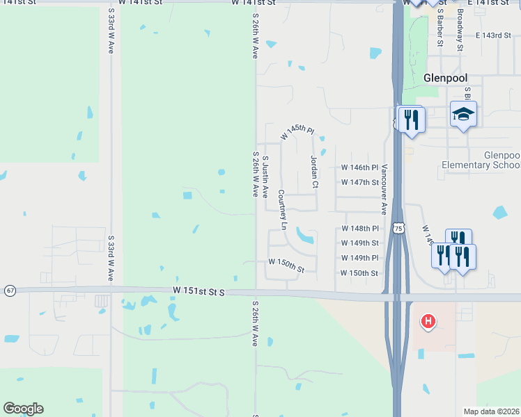 map of restaurants, bars, coffee shops, grocery stores, and more near 14728 South Justin Avenue in Glenpool