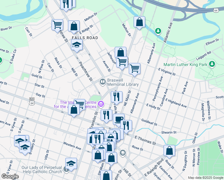 map of restaurants, bars, coffee shops, grocery stores, and more near Lindsay Road in Nash County