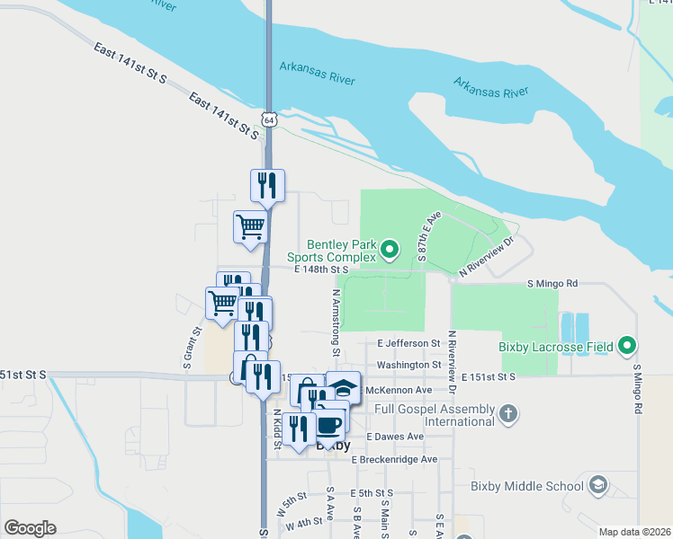 map of restaurants, bars, coffee shops, grocery stores, and more near East 148th Street South in Bixby