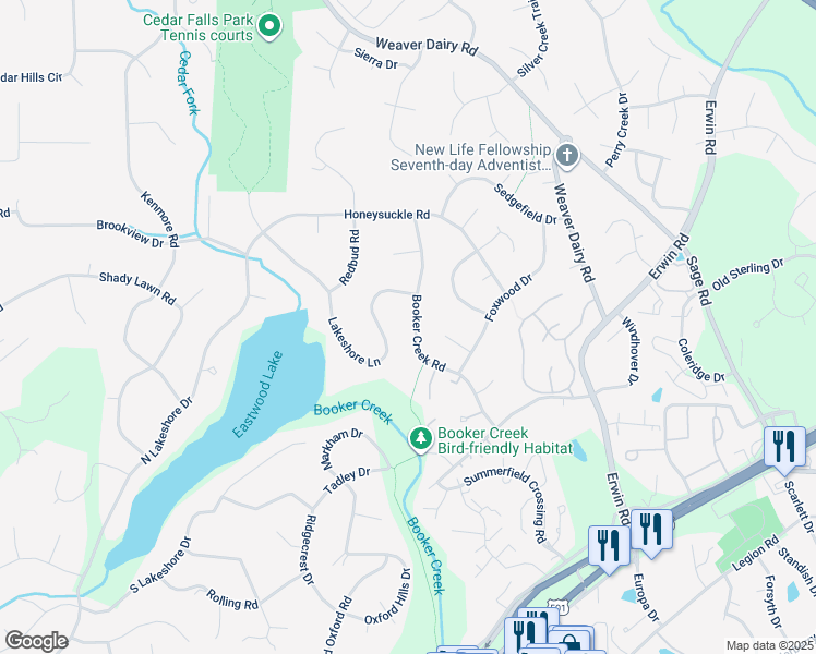 map of restaurants, bars, coffee shops, grocery stores, and more near 2537 Booker Creek Road in Chapel Hill