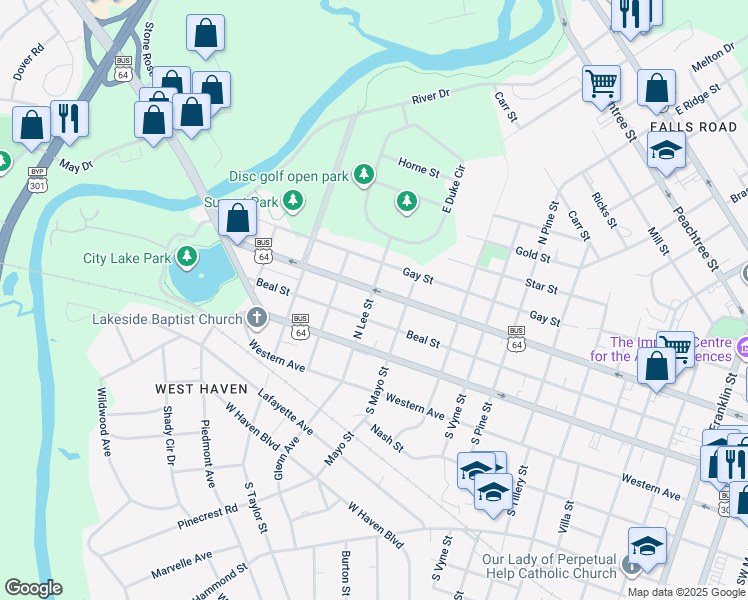 map of restaurants, bars, coffee shops, grocery stores, and more near 1231 West Thomas Street in Rocky Mount