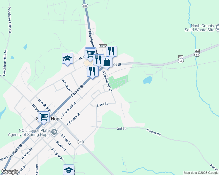 map of restaurants, bars, coffee shops, grocery stores, and more near South Louisburg Road in Spring Hope