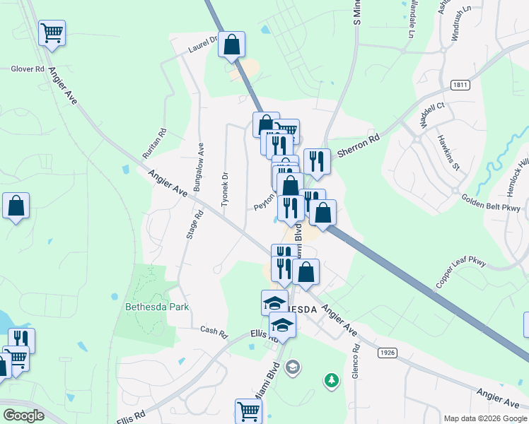 map of restaurants, bars, coffee shops, grocery stores, and more near 727B Peyton Avenue in Durham