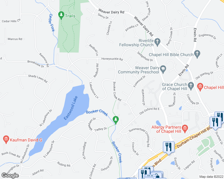 map of restaurants, bars, coffee shops, grocery stores, and more near 2537 Booker Creek Road in Chapel Hill