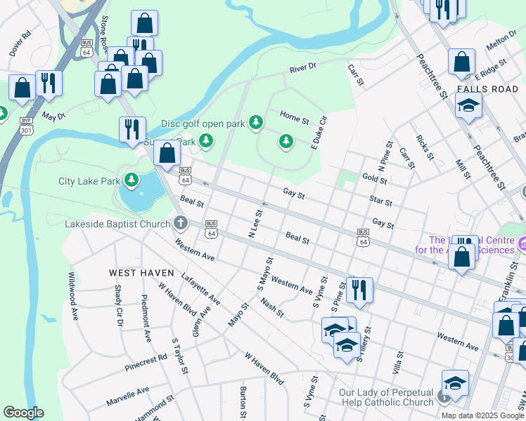 map of restaurants, bars, coffee shops, grocery stores, and more near 1231 West Thomas Street in Rocky Mount