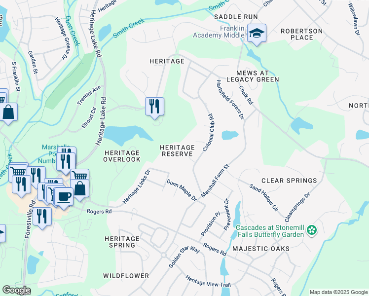 map of restaurants, bars, coffee shops, grocery stores, and more near 1517 Heritage Reserve Court in Wake Forest
