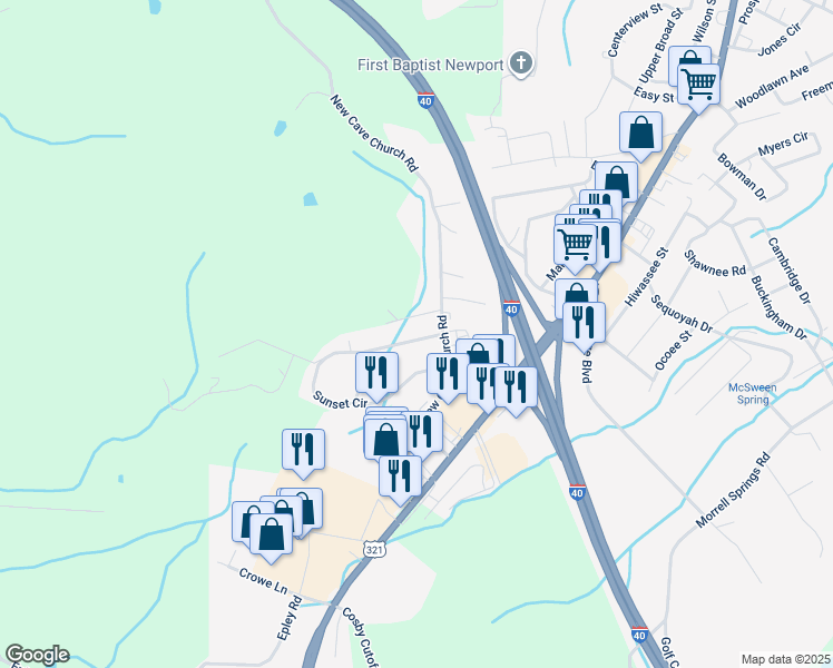 map of restaurants, bars, coffee shops, grocery stores, and more near 1008 Sunset Circle in Newport