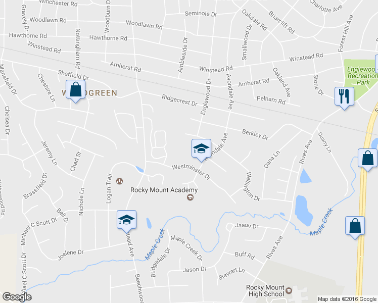 map of restaurants, bars, coffee shops, grocery stores, and more near 3017 Wellington Drive in Rocky Mount