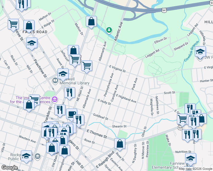 map of restaurants, bars, coffee shops, grocery stores, and more near 522-598 Pennsylvania Avenue in Rocky Mount