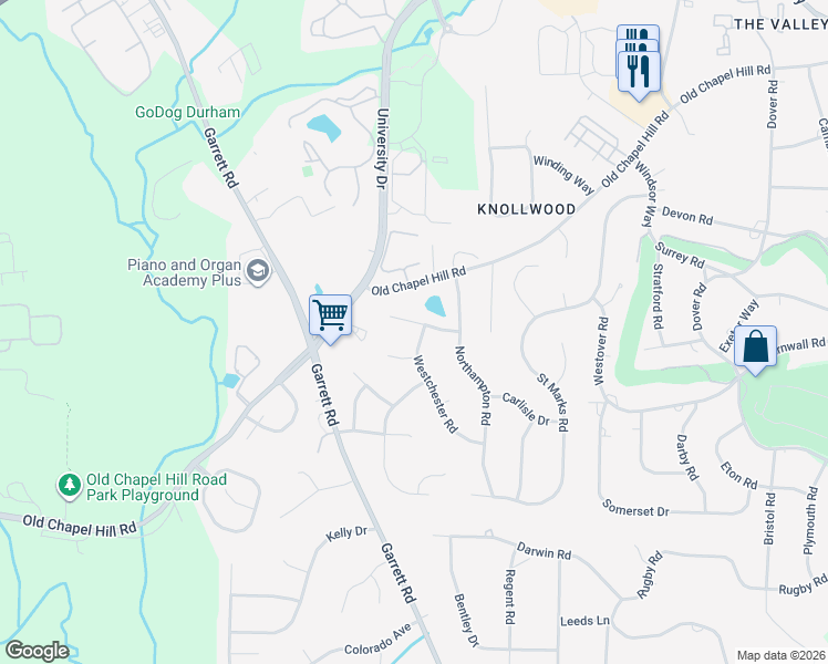 map of restaurants, bars, coffee shops, grocery stores, and more near 3801 Westchester Road in Durham