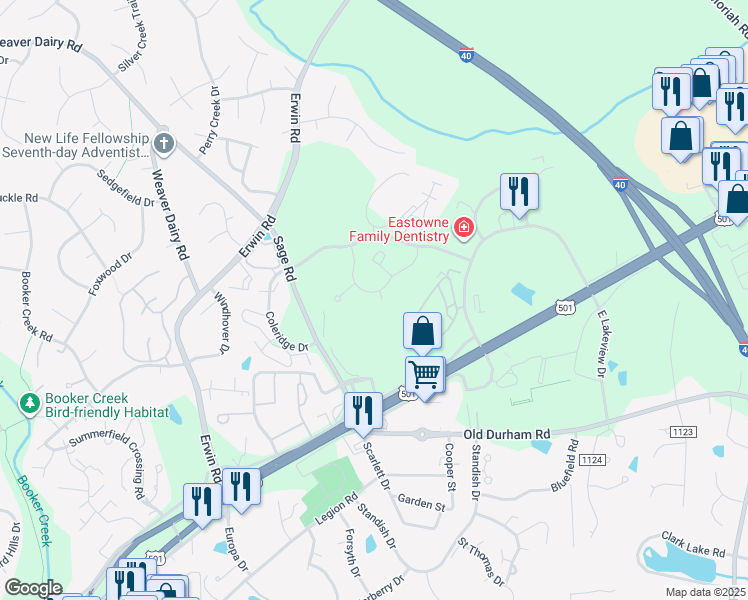 map of restaurants, bars, coffee shops, grocery stores, and more near 500 Providence Glen Drive in Chapel Hill