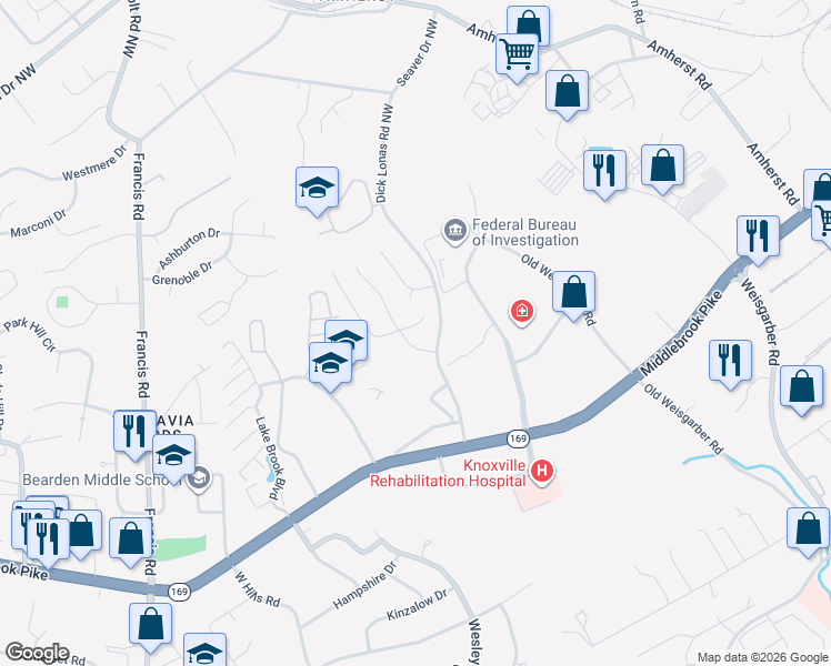 map of restaurants, bars, coffee shops, grocery stores, and more near 6836 Pemmbrooke Shire Lane in Knoxville