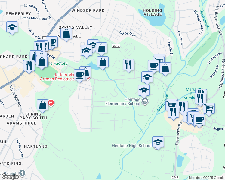 map of restaurants, bars, coffee shops, grocery stores, and more near 1910 Capital Creek Drive in Wake Forest