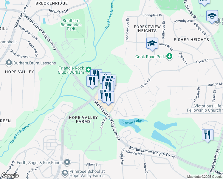 map of restaurants, bars, coffee shops, grocery stores, and more near 119 South Roxboro Street in Durham