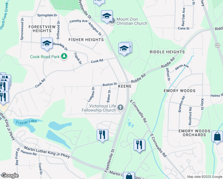 map of restaurants, bars, coffee shops, grocery stores, and more near 4011 Baker Street in Durham