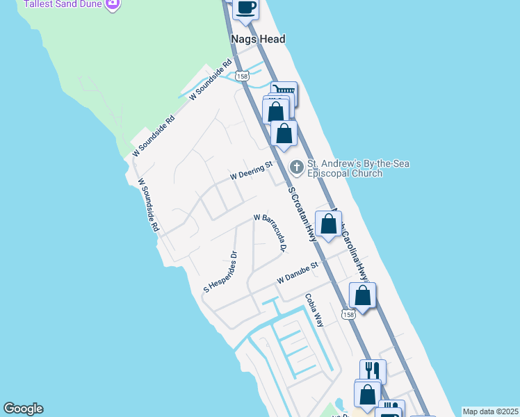 map of restaurants, bars, coffee shops, grocery stores, and more near 202 South Mackerel Court in Nags Head