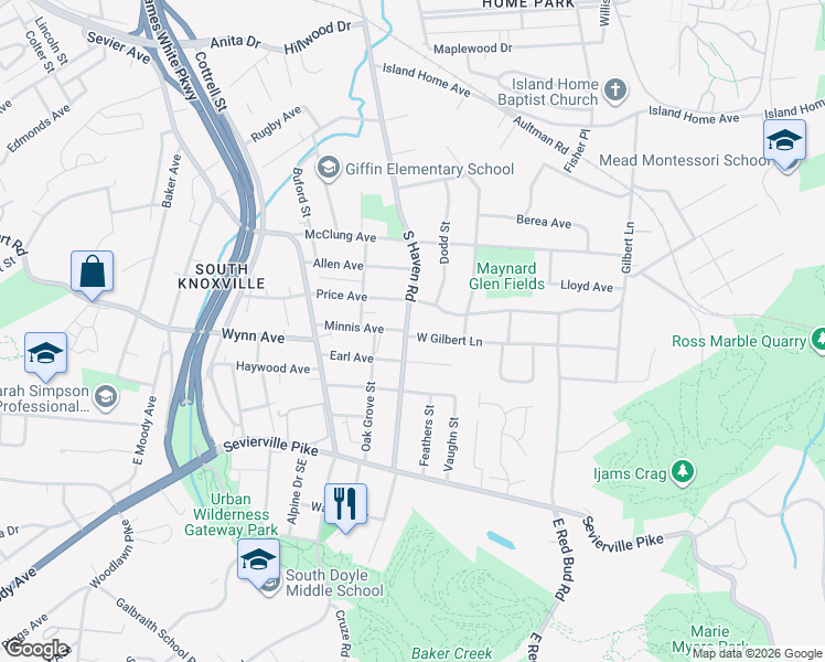 map of restaurants, bars, coffee shops, grocery stores, and more near 1901 West Gilbert Lane in Knoxville