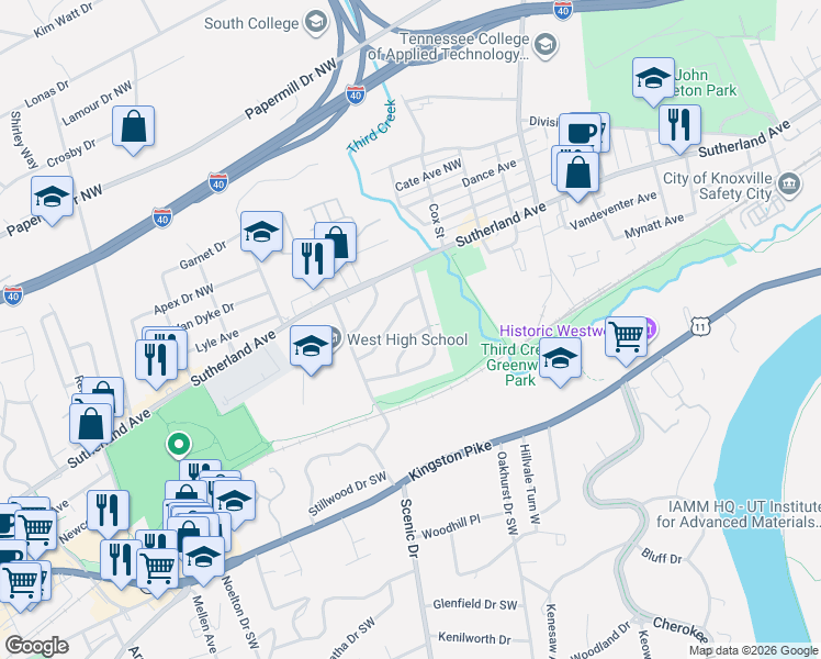 map of restaurants, bars, coffee shops, grocery stores, and more near 3915 Briargate Avenue in Knoxville