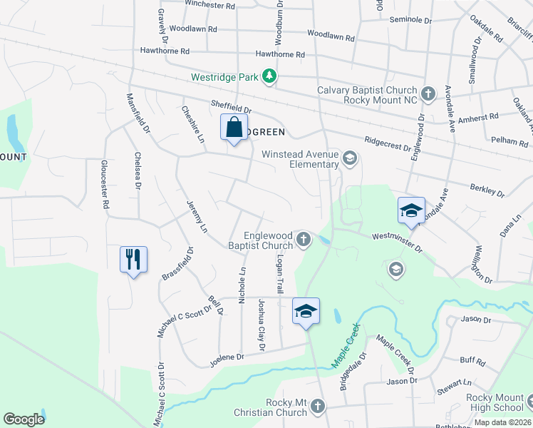 map of restaurants, bars, coffee shops, grocery stores, and more near 2028 Robert Ryan Road in Rocky Mount