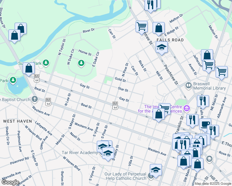 map of restaurants, bars, coffee shops, grocery stores, and more near 408 North Pine Street in Rocky Mount