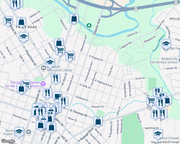 map of restaurants, bars, coffee shops, grocery stores, and more near 522-598 Pennsylvania Avenue in Rocky Mount