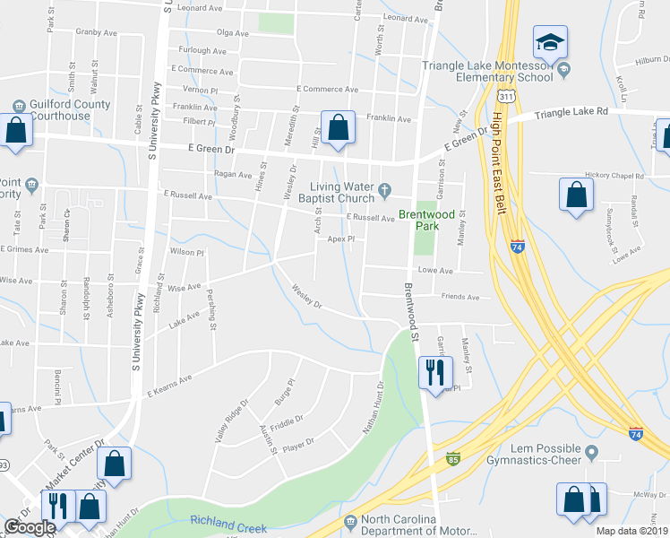 map of restaurants, bars, coffee shops, grocery stores, and more near 903 Arch Street in High Point