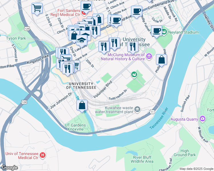 map of restaurants, bars, coffee shops, grocery stores, and more near 2000 Volunteer Boulevard in Knoxville