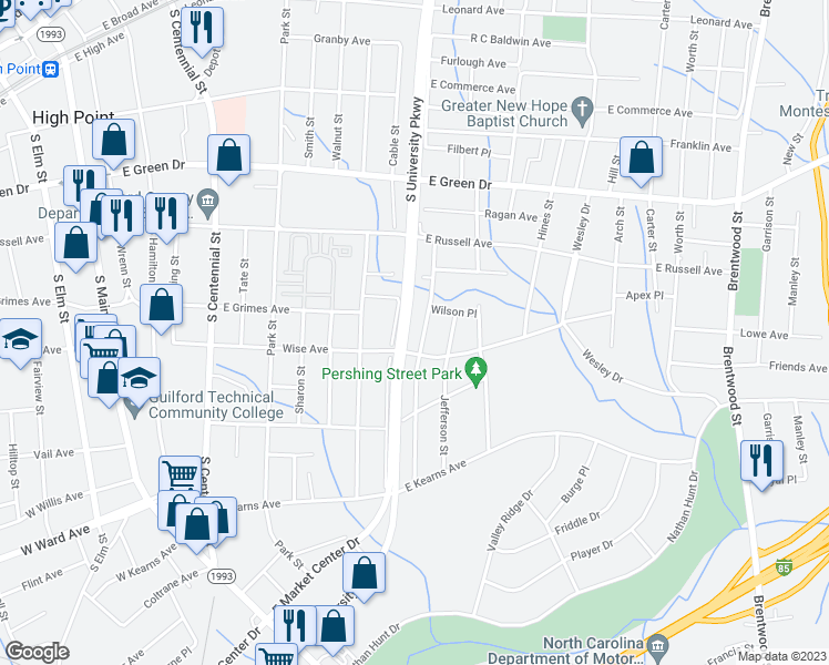 map of restaurants, bars, coffee shops, grocery stores, and more near 910 Richland Street in High Point