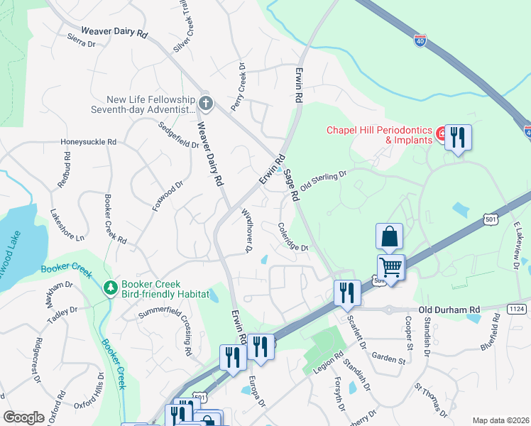 map of restaurants, bars, coffee shops, grocery stores, and more near 103 Melville Loop in Chapel Hill