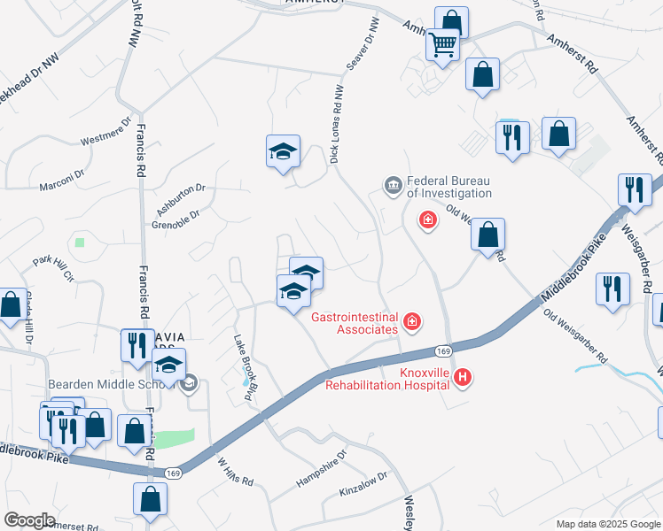map of restaurants, bars, coffee shops, grocery stores, and more near 6927 Pemmbrooke Shire Lane in Knoxville