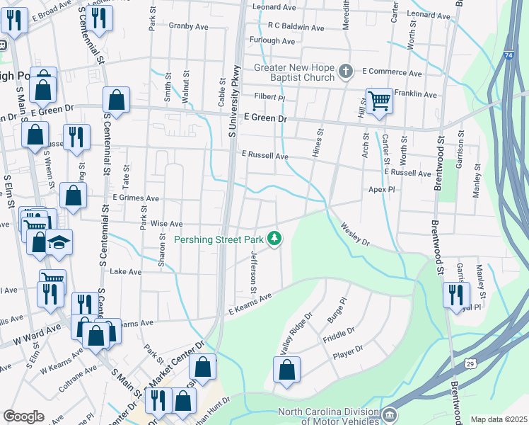 map of restaurants, bars, coffee shops, grocery stores, and more near 907 Jefferson Street in High Point