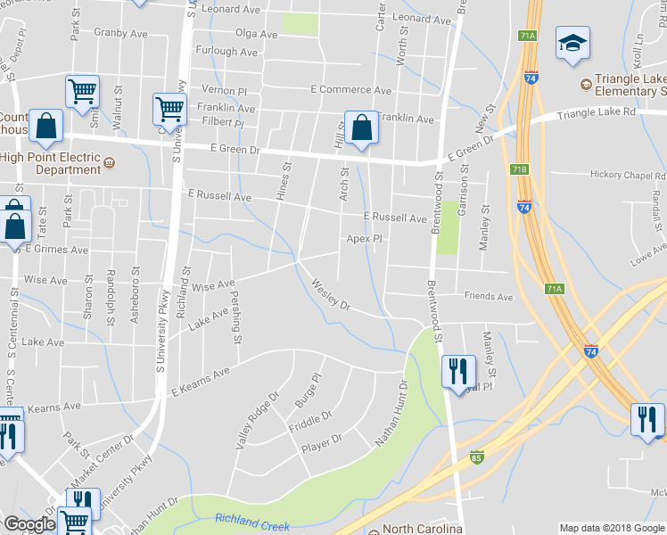 map of restaurants, bars, coffee shops, grocery stores, and more near 906 Arch Street in High Point