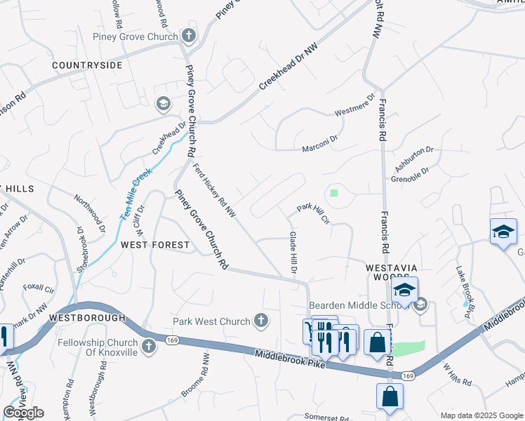map of restaurants, bars, coffee shops, grocery stores, and more near 7513 Chatham Circle Northwest in Knoxville