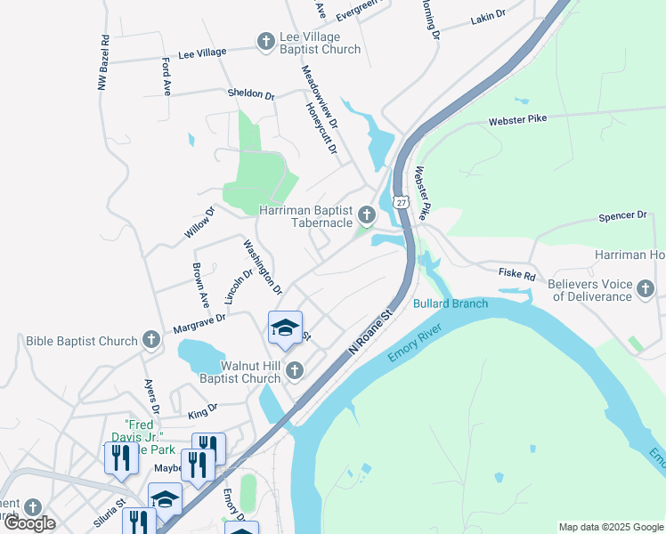 map of restaurants, bars, coffee shops, grocery stores, and more near 1310 Old Roane Street in Harriman