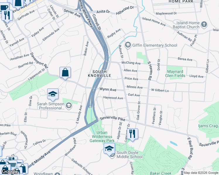 map of restaurants, bars, coffee shops, grocery stores, and more near 149 Wynn Avenue in Knoxville