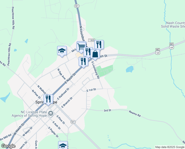 map of restaurants, bars, coffee shops, grocery stores, and more near South Louisburg Road in Spring Hope