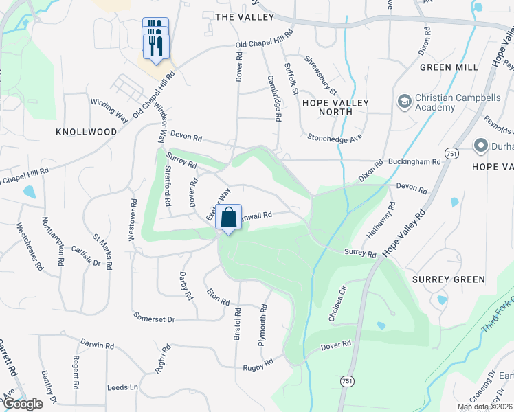 map of restaurants, bars, coffee shops, grocery stores, and more near 3116 Cornwall Road in Durham
