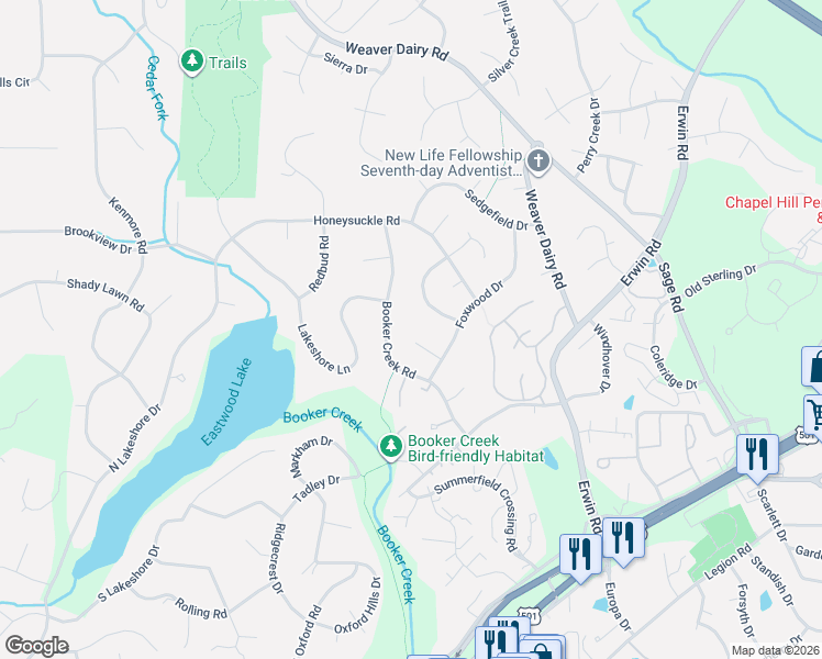 map of restaurants, bars, coffee shops, grocery stores, and more near 2521 Buxton Court in Chapel Hill