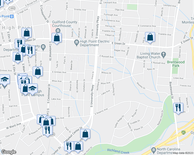 map of restaurants, bars, coffee shops, grocery stores, and more near 910 B Richland Street in High Point