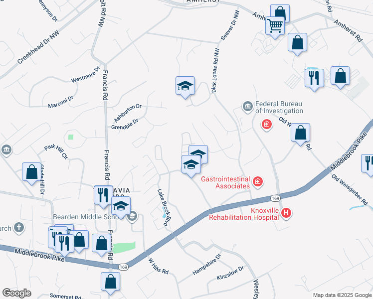 map of restaurants, bars, coffee shops, grocery stores, and more near 3100 Lake Brook Boulevard in Knoxville