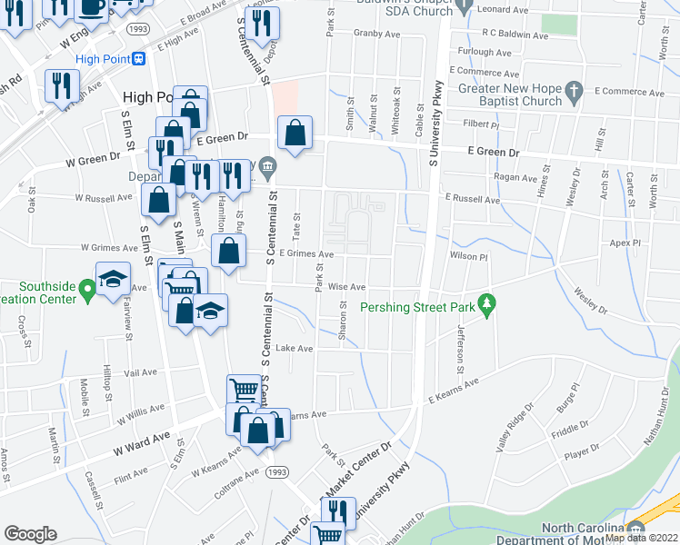 map of restaurants, bars, coffee shops, grocery stores, and more near 908 Sharon Street in High Point