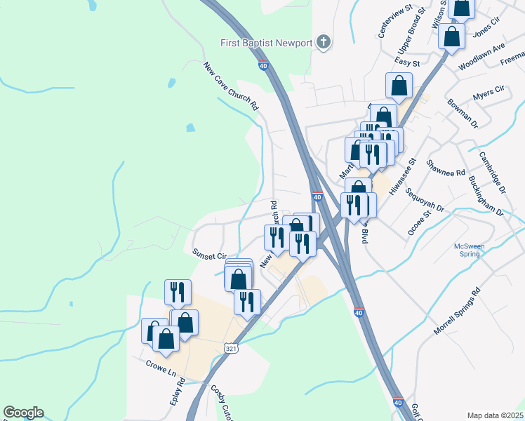 map of restaurants, bars, coffee shops, grocery stores, and more near 1008 Sunset Circle in Newport