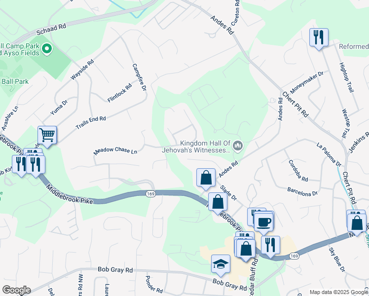 map of restaurants, bars, coffee shops, grocery stores, and more near 9360 Ridges Meadow Lane in Knoxville