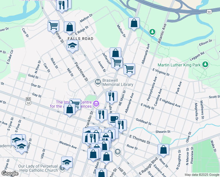 map of restaurants, bars, coffee shops, grocery stores, and more near Franklin Street in Rocky Mount