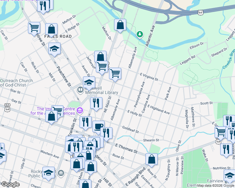 map of restaurants, bars, coffee shops, grocery stores, and more near 500 Albemarle Avenue in Rocky Mount