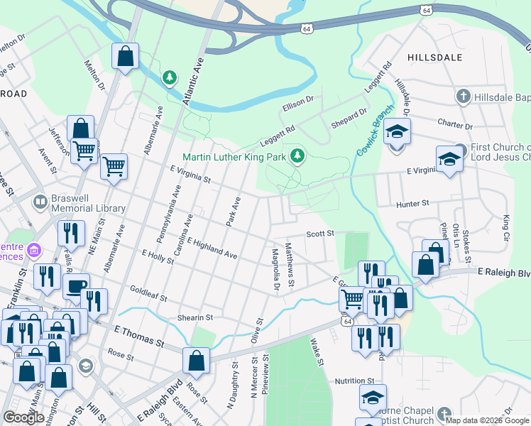 map of restaurants, bars, coffee shops, grocery stores, and more near 630 Coleman Avenue in Rocky Mount