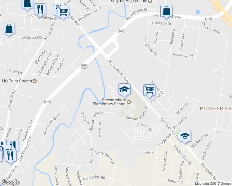 map of restaurants, bars, coffee shops, grocery stores, and more near 1012 Rosemont Terrace in Smyrna