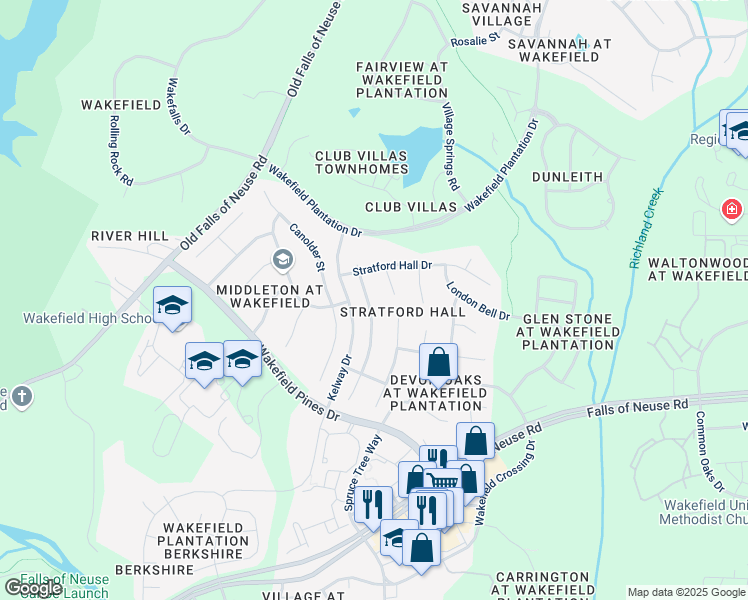 map of restaurants, bars, coffee shops, grocery stores, and more near 12416 Penrose Trail in Raleigh