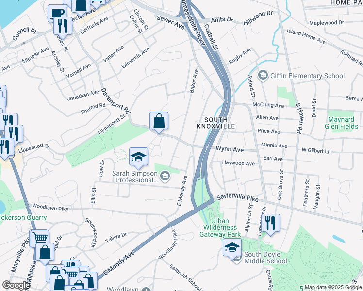 map of restaurants, bars, coffee shops, grocery stores, and more near 3207 Davenport Road in Knoxville
